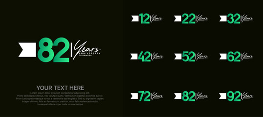 anniversary logotype set. green number and white ribbon for celebration
