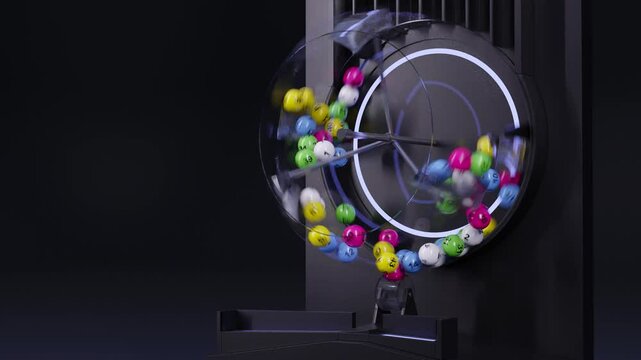 Lottery Drawing Machine on Black plain background. Lottery ball machine with Colorful Lotto balls. Lottery draw video with copy space.