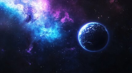 A blue and purple galaxy with a planet in the middle