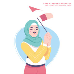 muslim girl character holding flag illustration