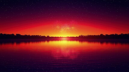 Naklejka premium Fireworks exploding above a lake, colorful reflections, clear night