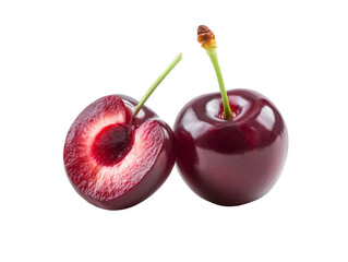 Red Cherries Isolated on White Background  One Cut Open  Closeup