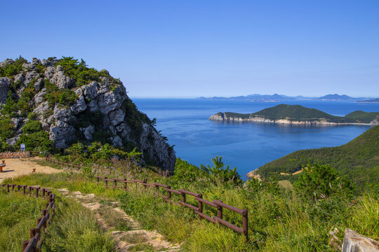 High angle view of Beombawi Rock with the background of blue sea at Cheongsando Island near Wando-gun, South Korea 