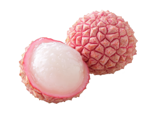 Fresh Lychee Fruit Cut Open with White Flesh on Checkered Background