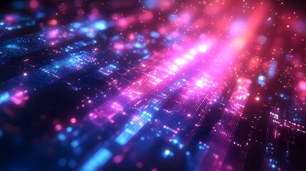 Fototapeta premium Abstract digital technology background with blue and purple light, futuristic glow and bright particles.