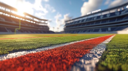 Football field, with yard lines and goalposts, empty stadium seats, twilight lighting