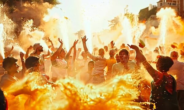 A Hindu Holi festival with people throwing colored powder and water at each other, celebrating the triumph of good over evil and the arrival of spring. Video