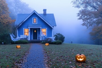 Enchanted Blue Cottage: A charming blue cottage nestled amidst a misty forest, bathed in the warm glow of autumn. The front porch is adorned with spooky Halloween decorations 