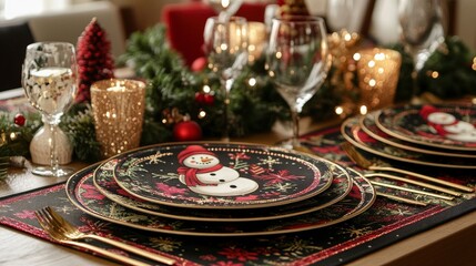 Naklejka premium Holiday-themed placemats, with snowman print, set on a table, warm dining room light