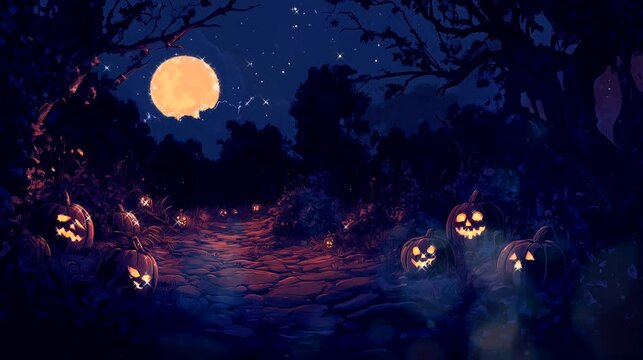 A moonlit pumpkin patch, with jack-o'-lanterns glowing faintly in the dark. Halloween concept, looping 4k video animation background