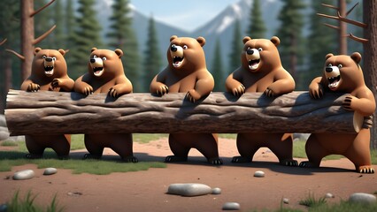A group of bears might be having a tug-of-war with a giant log, with exaggerated expressions of determination and frustration.