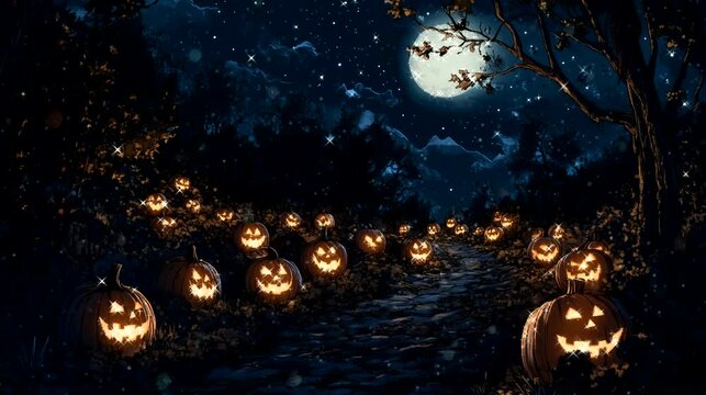 A moonlit pumpkin patch, with jack-o'-lanterns glowing faintly in the dark. Halloween concept, looping 4k video animation background