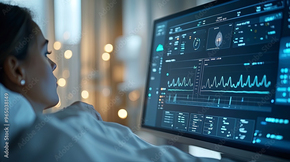 Wall mural remote patient monitoring system, with sensors attached to a patient, data displayed on a screen, br
