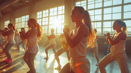 Group of Diverse Women Practicing Self-Defense in Sunlit Gym