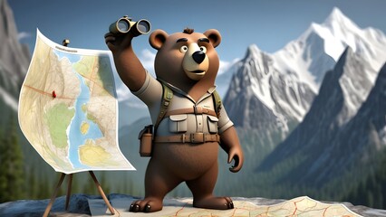 A bear with a map in hand and binoculars around its neck, eagerly pointing toward a mountain in the distance, ready to explore. It has a determined look and a compass hanging from its belt.