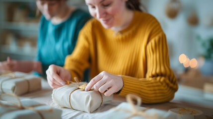 Handmade gift wrapping at community event with focus on sustainability