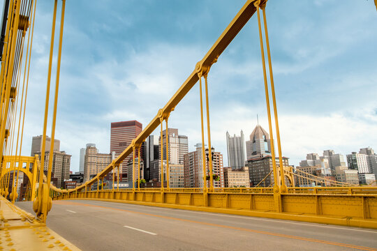 Pittsburg, PA skyline and Roberto Clemente Bridge.