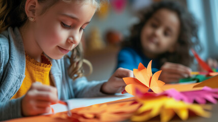 Focused children crafting colorful Thanksgiving decorations