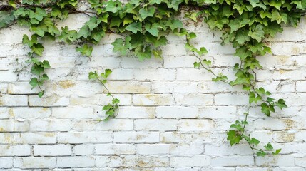 Illustration Wall made of white painted bricks with popular climbing plants in English style, with vintage background. Ai generated image