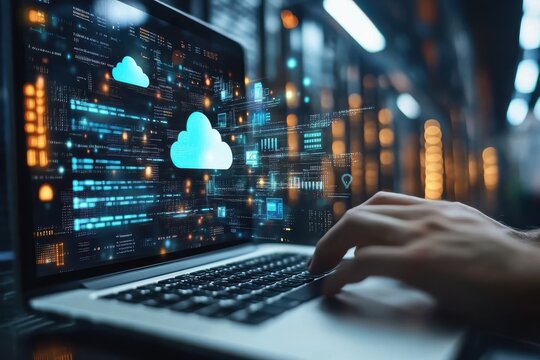 A person is typing on a laptop with a screen displaying a lot of code