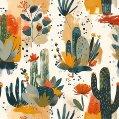A painting of a desert scene with cacti and flowers