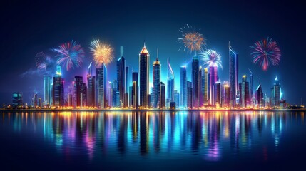 Fototapeta premium Skyline view, with fireworks bursting over skyscrapers, bright and colorful