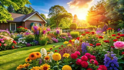 Obraz premium A vibrant flower garden overflowing with colorful blooms set against a lush green backdrop in a sunny backyard during the summer, serenity, tranquility, nature, landscape, blossoms