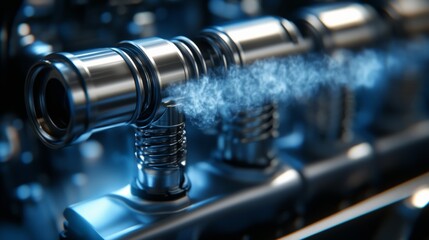 Close-up of an engine's camshaft and valve mechanism, emitting a burst of vapor, highlighting its precision engineering and mechanical function.