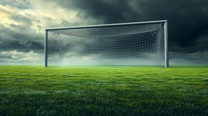 Fototapeta premium Soccer goalpost, with net swaying gently, empty field, overcast lighting