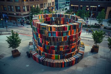 A vibrant installation made from stacked books forms a unique tower in an urban setting, showcasing creativity and culture.