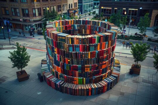 A vibrant installation made from stacked books forms a unique tower in an urban setting, showcasing creativity and culture.