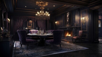 Stylish dining area, with a round table, upholstered chairs, and a chandelier, soft evening lighting