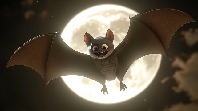 Smiling cartoon bat flying in front of full moon
