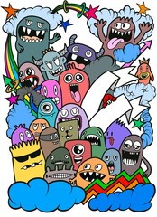 Hand-drawn illustrations, monsters doodle, Hand Drawn cartoon monster illustration,Cartoon crowd doodle hand-drawn Doodle style.