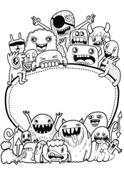 Hand-drawn illustrations, monsters doodle, Hand Drawn cartoon monster illustration,Cartoon crowd doodle hand-drawn Doodle style.black and white stripes coloring  book.