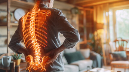 Elderly man with back pain, highlighting spine and lumbar discomfort.