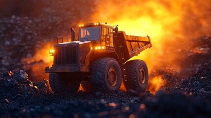 Unmanned mining vehicle, operating in a quarry, dust illuminated by bright sun