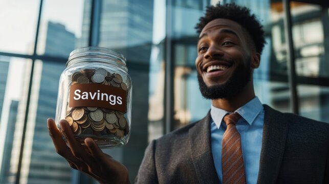 A cheerful man in a suit proudly holds a jar labeled "Savings" filled with coins, symbolizing financial success and prudent saving habits.