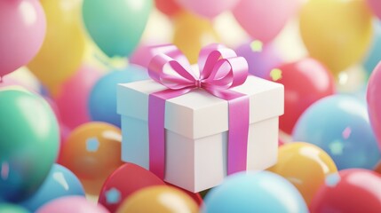 Close-up of a gift box with bright ribbons, surrounded by balloons in a festive Happy Birthday template. Focus point, no logo, no people.