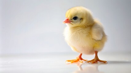 Fototapeta premium Cute little chick standing alone on a white background captured with a wide angle lens, bird, cute expression, innocence, cheerful, little, feathery, poultry, wide-angle, yellow