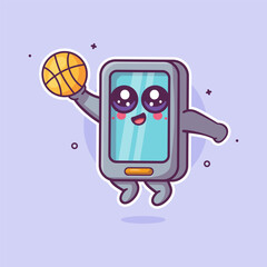funny smartphone character mascot playing basketball isolated cartoon