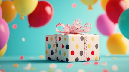 Close-up of a polka-dotted gift box with bright balloons, in a joyful Happy Birthday layout. Focus point, no logo, no people.