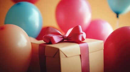 Close-up of a ribbon-tied gift box and festive balloons, in a playful Happy Birthday template. Focus point, no logo, no people.