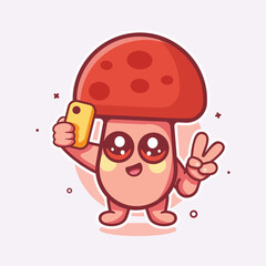 happy mushroom character mascot taking a selfie with a smartphone isolated cartoon