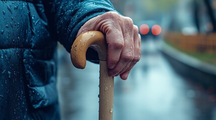 White cane, tapping a curb, close-up of tip and hand, soft city street background