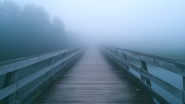 A fog-covered bridge with no visible end in sight, [uncertainty], [crossing into the unknown]