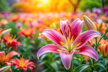 Close up of a beautiful lily flower in a vibrant flower garden surrounded by natural background, flora, beautiful, close-up, beauty, pistil, stamen, detail, summer, botanical, plant, closeup