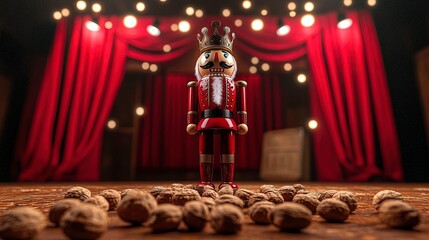 Wooden nutcracker, standing tall, surrounded by walnuts, spotlight on stage