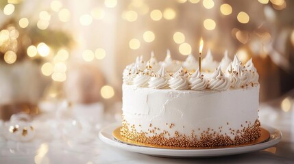 Elegant white birthday cake with gold accents, on a clean, smooth surface, with a soft, blurred background. No people, focal point.