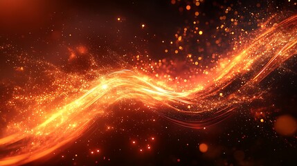 An intense abstract image featuring fiery red and orange energy waves, glowing particles, and dynamic light trails.